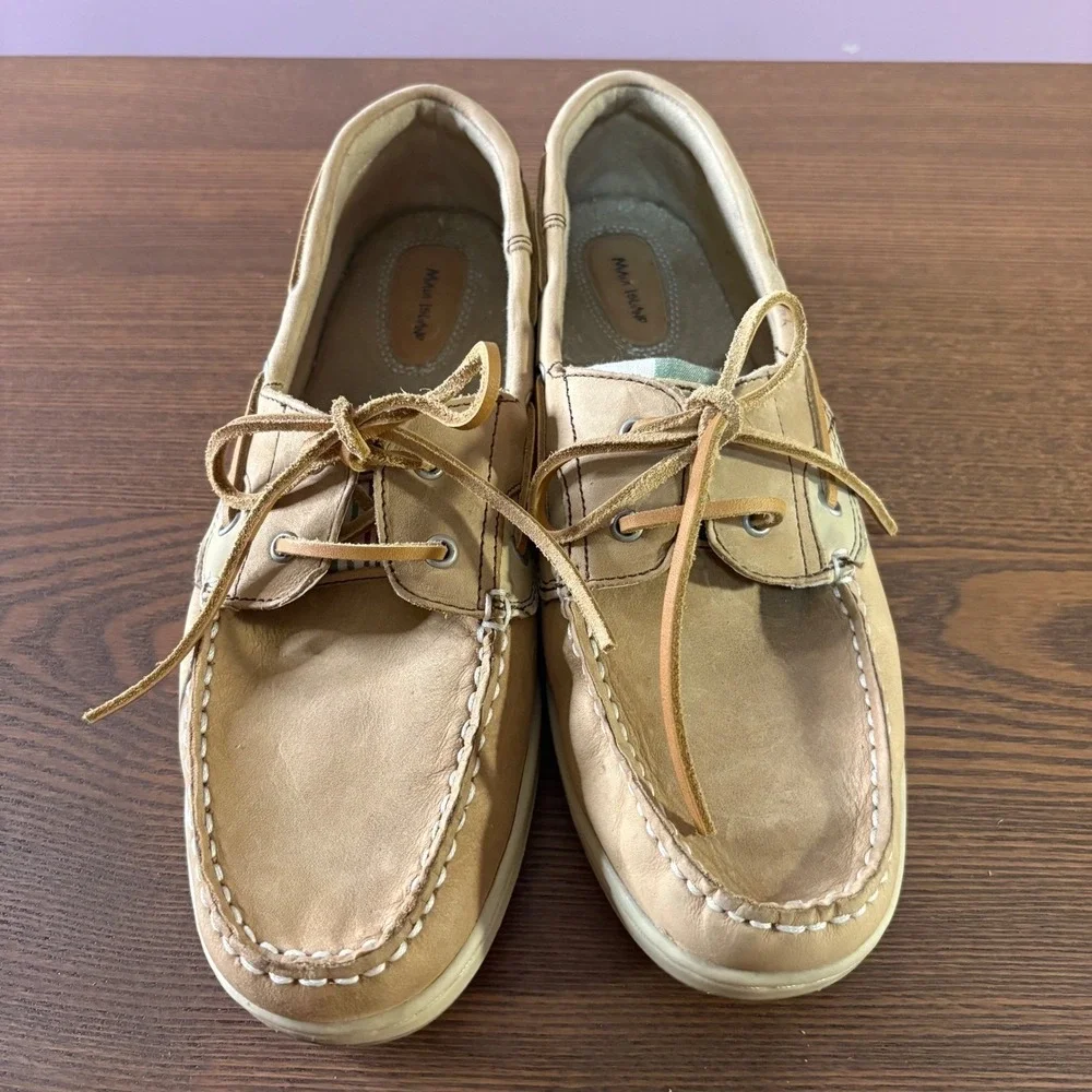 Maui Island Boat Shoes Mens 11W Tan Plaid Good Leather Resort Loafers